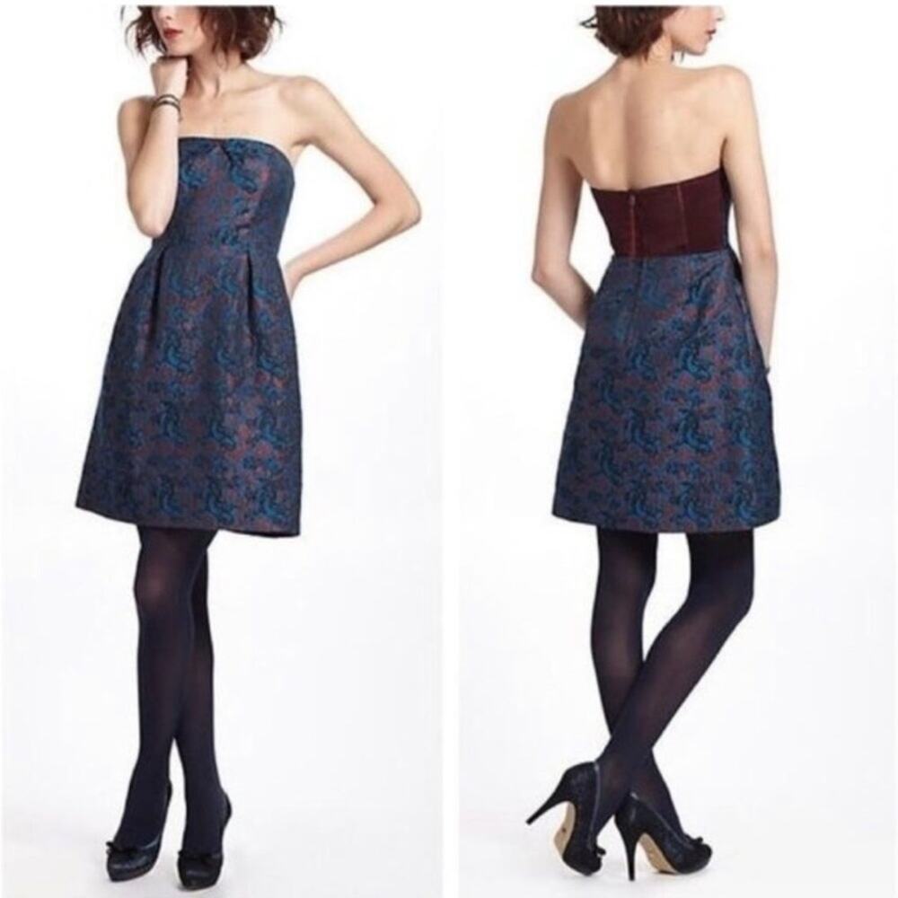 Anthropologie Leifnotes blue red metallic floral brocade strapless dress 14 NWT